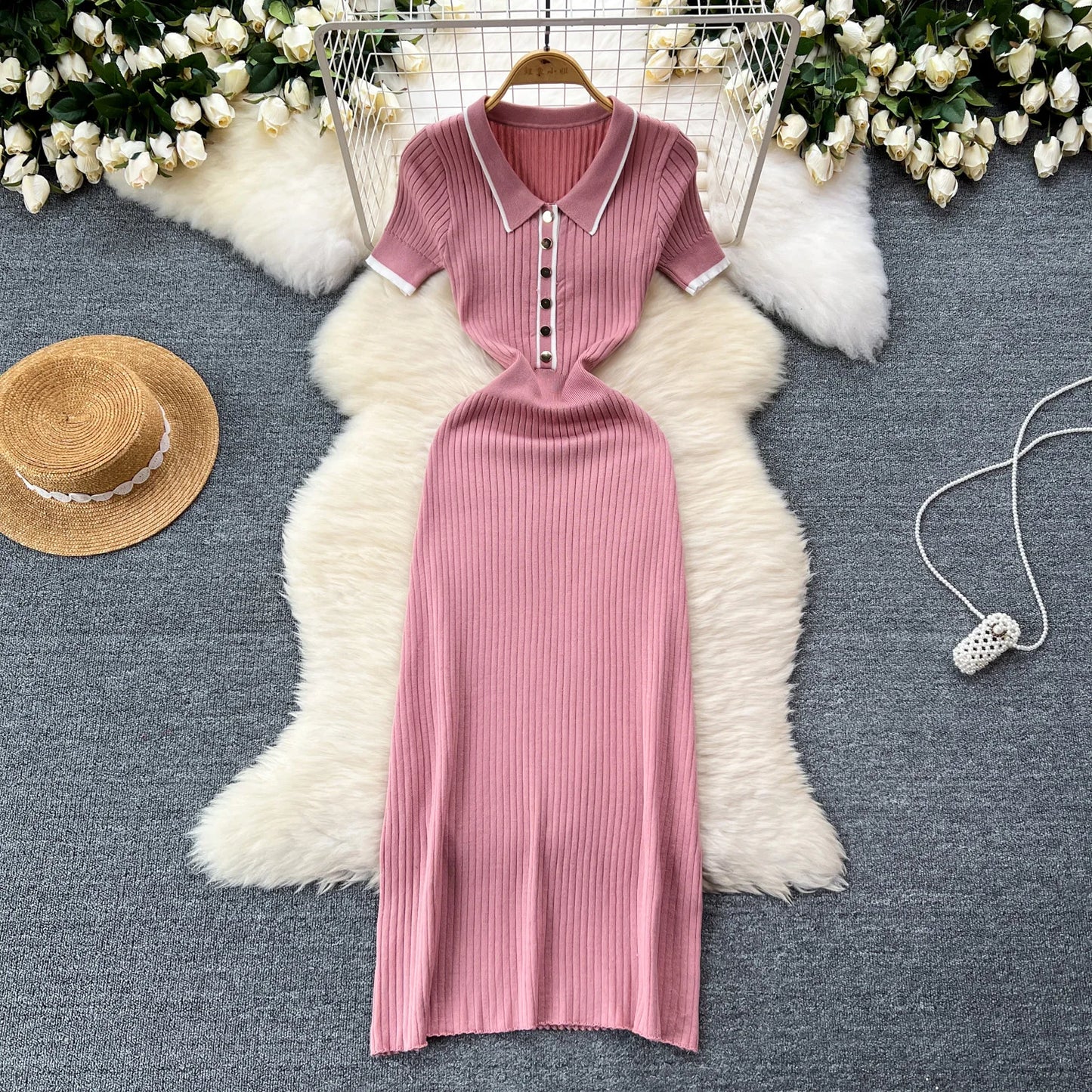 Colorblock Polo Knit Bodycon Wrap Dress
