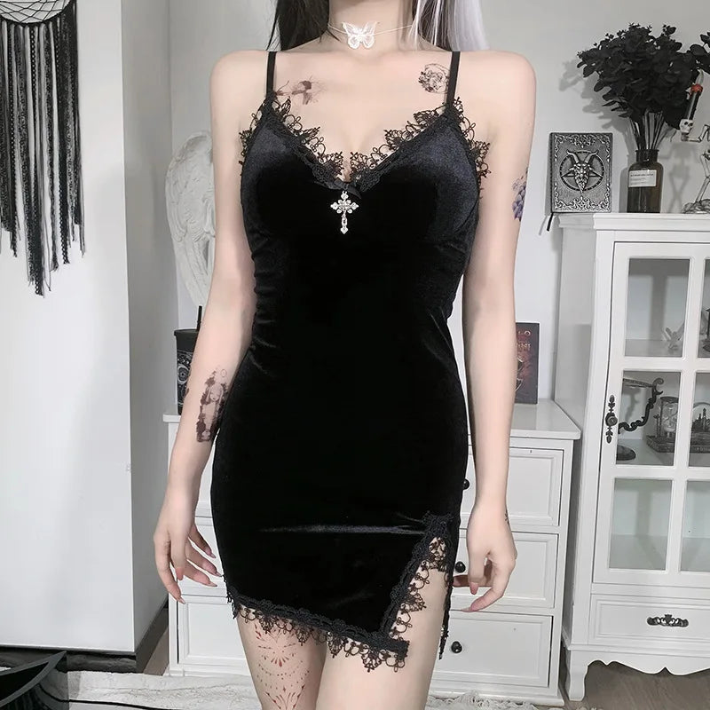 Dark Cross Goth Spaghetti Strap Mini Dress