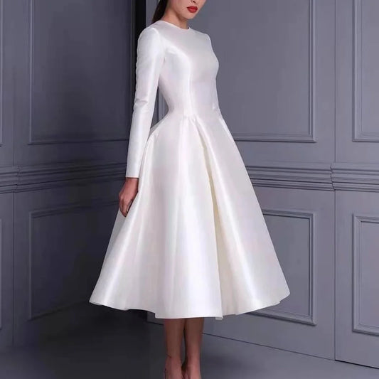 Tea Length A-Line Taffeta Wedding Gown with Pockets