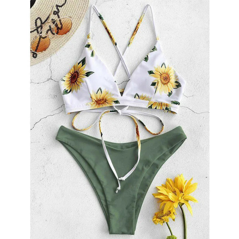 Sunflower Print Bandage Push-Up Bikini