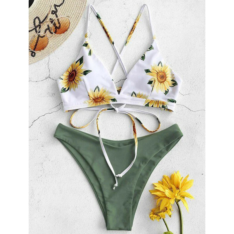 Sunflower Print Bandage Push-Up Bikini