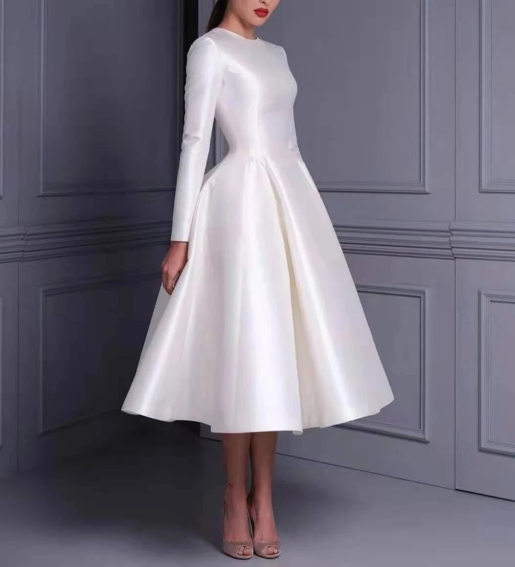 Tea Length A-Line Taffeta Wedding Gown with Pockets