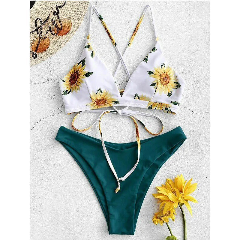 Sunflower Print Bandage Push-Up Bikini