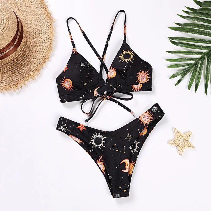 Sunflower Print Bandage Push-Up Bikini