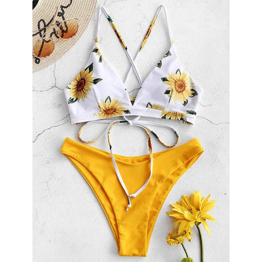 Sunflower Print Bandage Push-Up Bikini