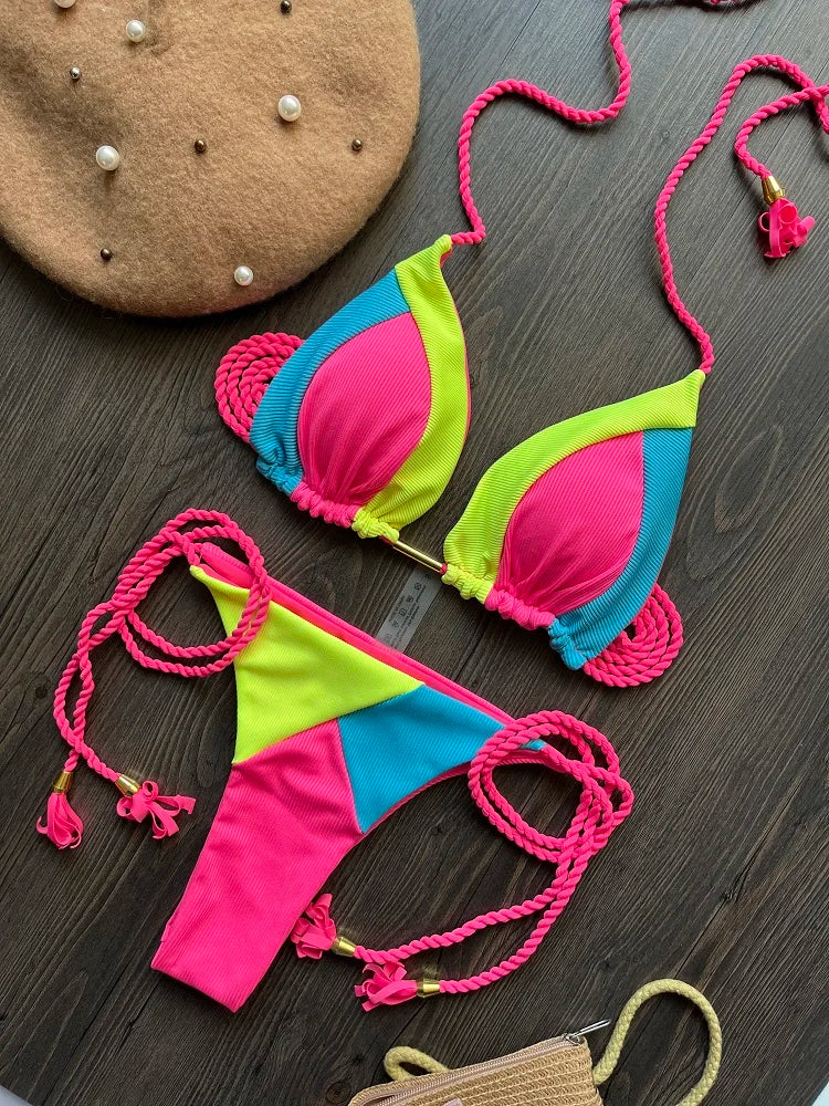 Special Fabric Splice Push-Up Brazilian Bikini