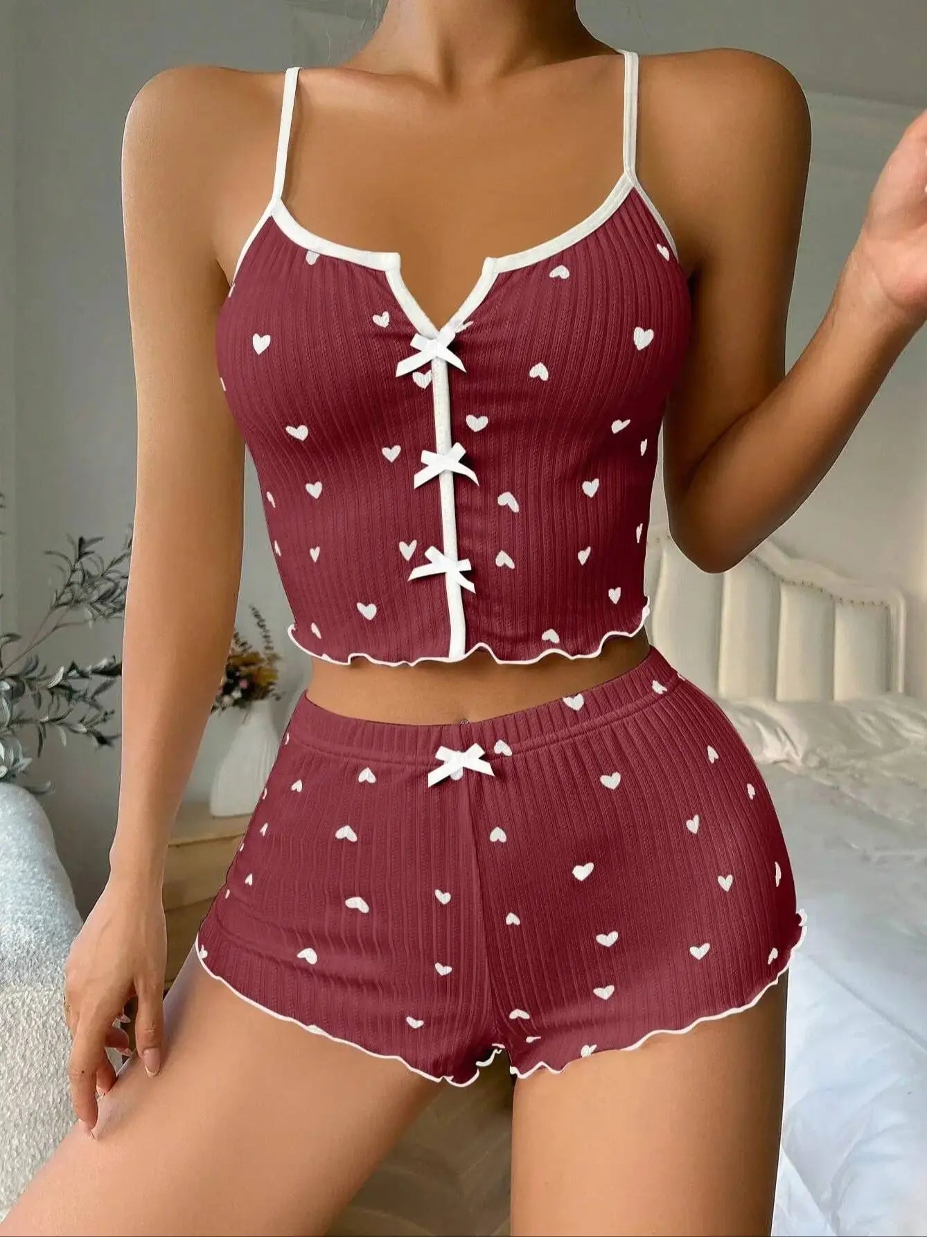 Heart Print Silk Satin Cami & Shorts Lounge Set