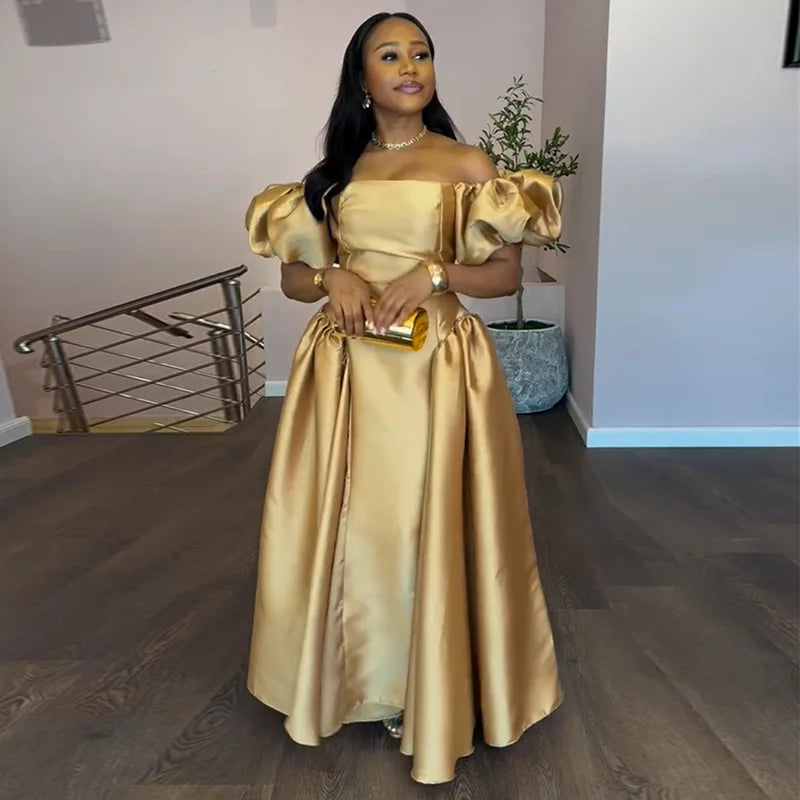Gold Puff Sleeve Square Neck Pleated Maxi Dress
