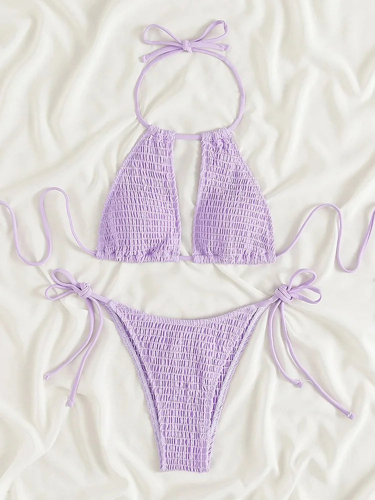 Halter Tie-Side Hollow Out Smocked Bikini