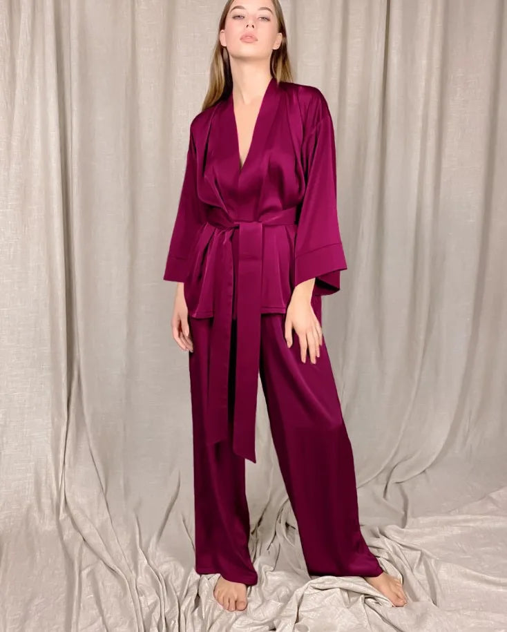 Satin Lace-Up Cardigan Pajama Set