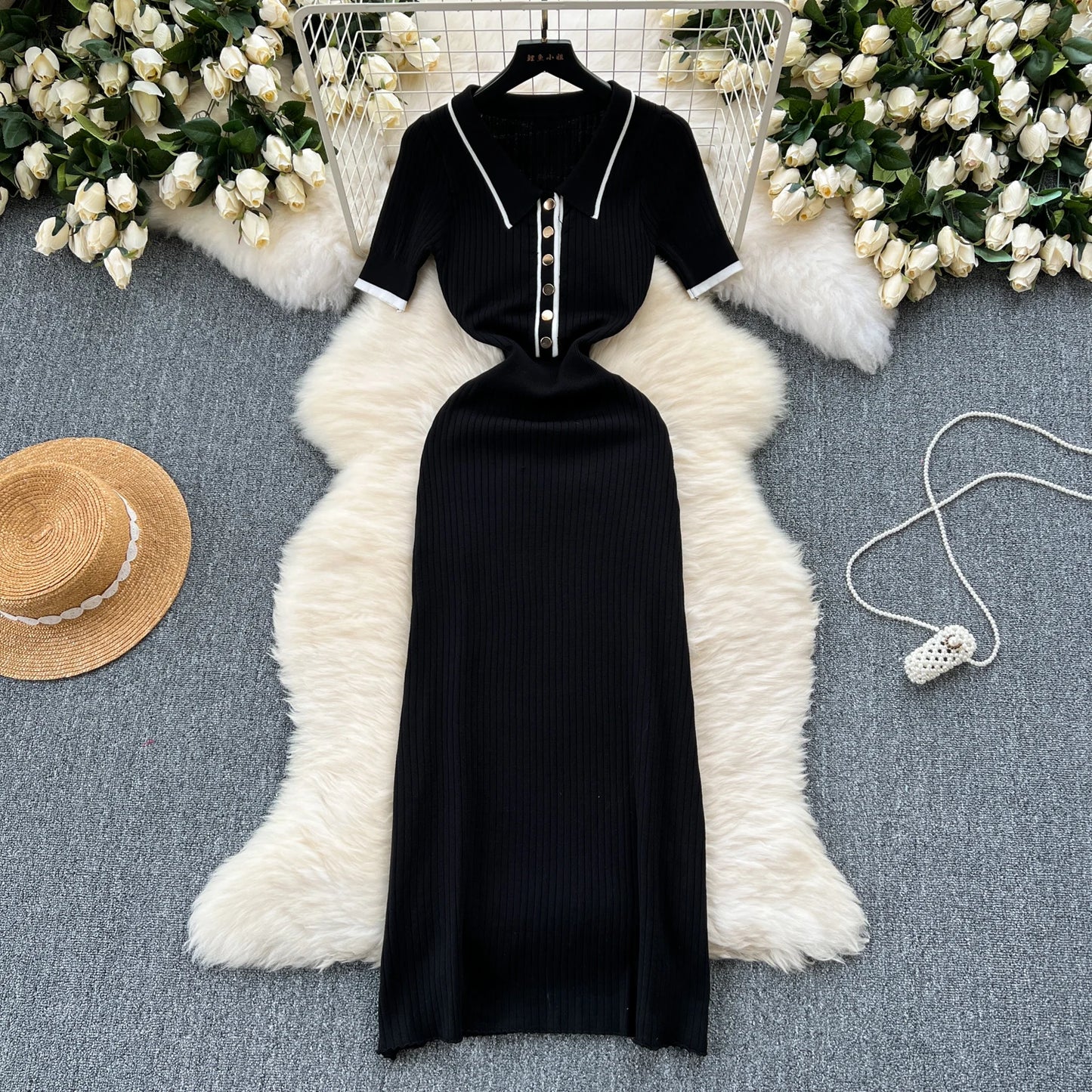 Colorblock Polo Knit Bodycon Wrap Dress