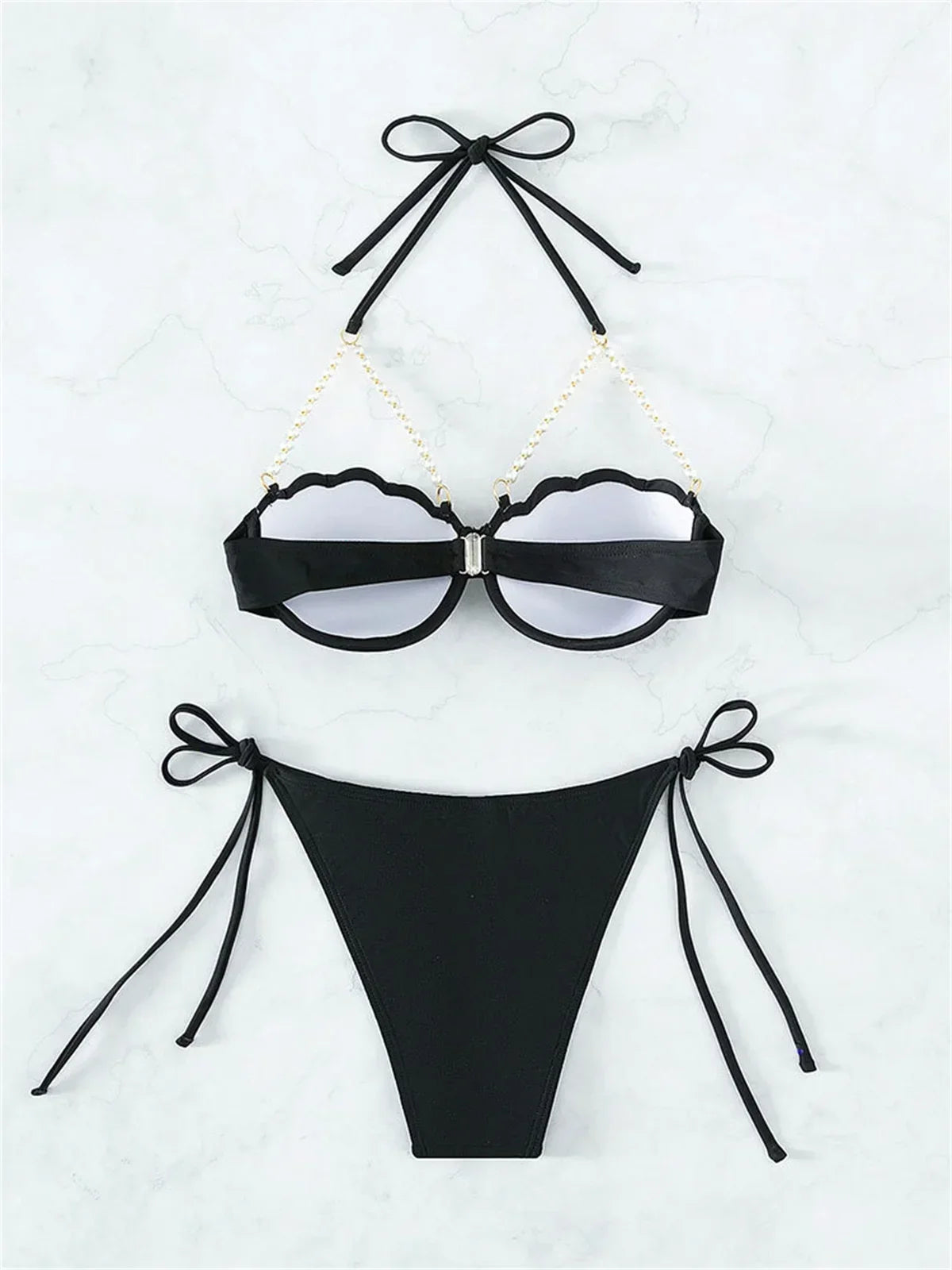 Shell Underwire Pearl Strap Thong Bikini