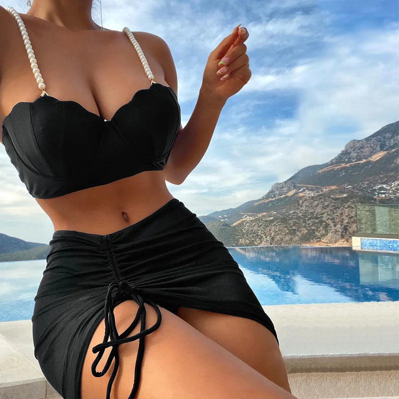 Solid Scallop-Trim 3-Piece Bikini Set