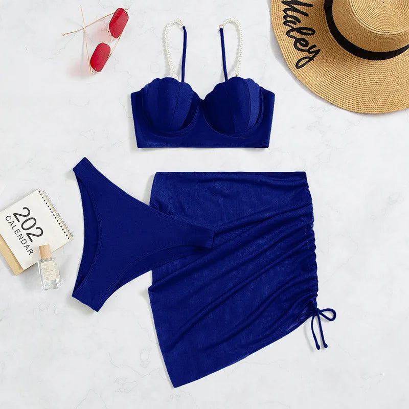 Solid Scallop-Trim 3-Piece Bikini Set