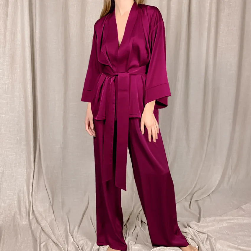 Satin Lace-Up Cardigan Pajama Set