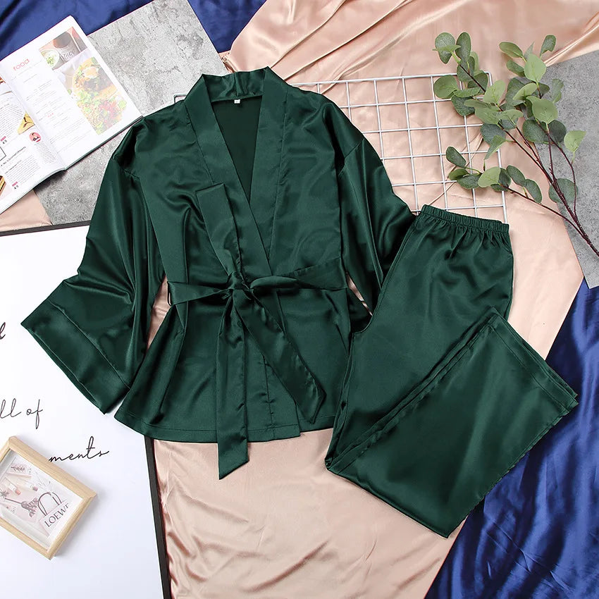 Satin Lace-Up Cardigan Pajama Set