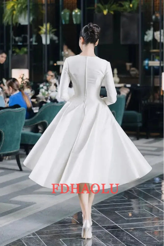 Tea Length A-Line Taffeta Wedding Gown with Pockets