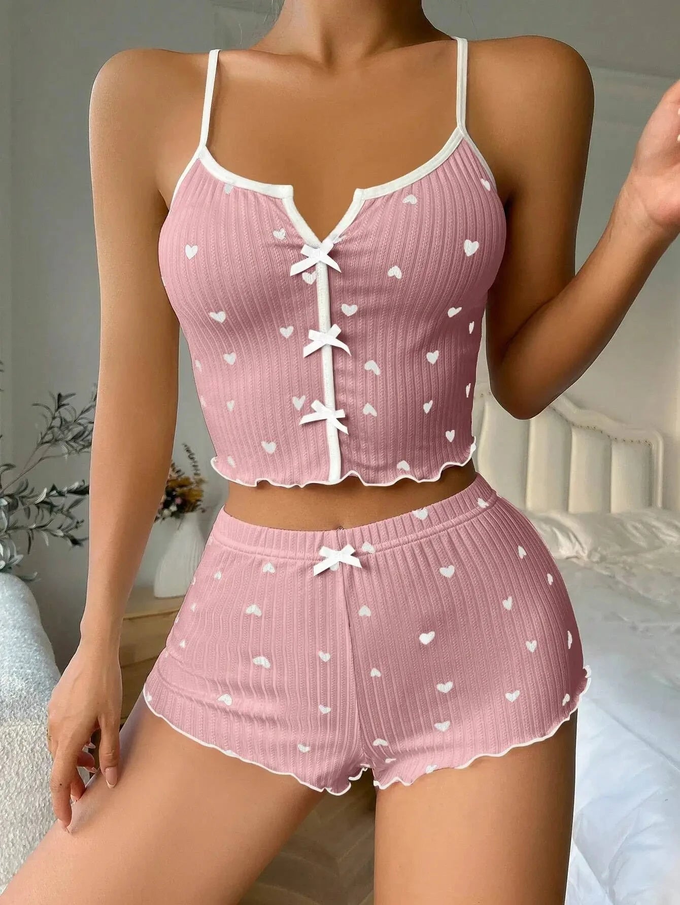 Heart Print Silk Satin Cami & Shorts Lounge Set