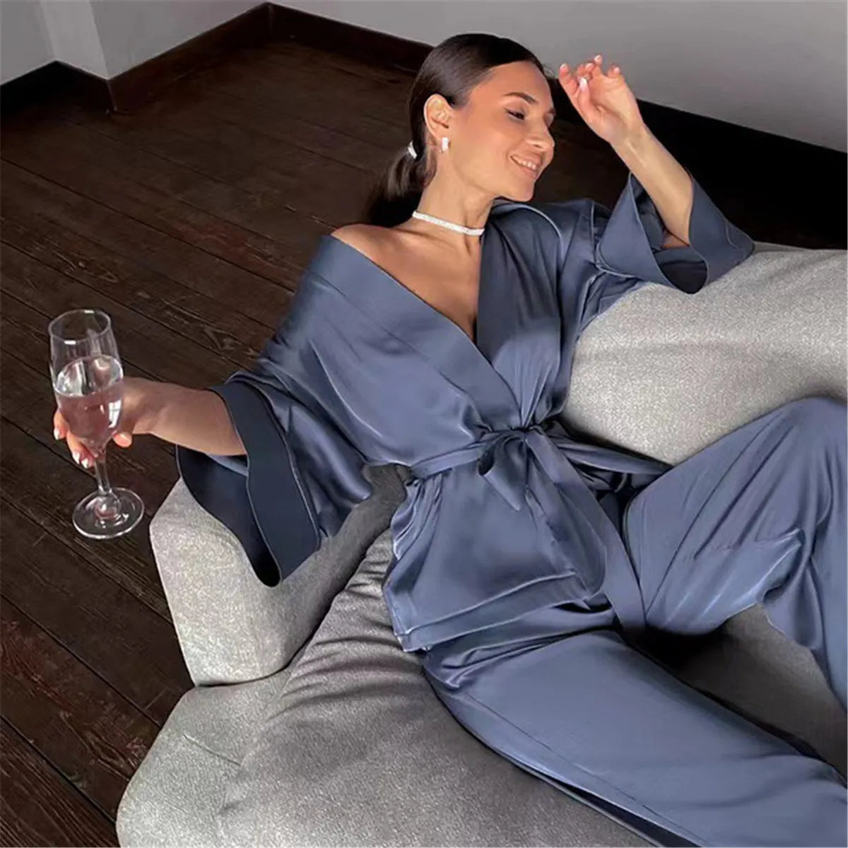 Satin Lace-Up Cardigan Pajama Set