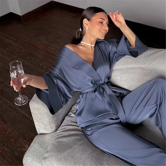 Satin Lace-Up Cardigan Pajama Set