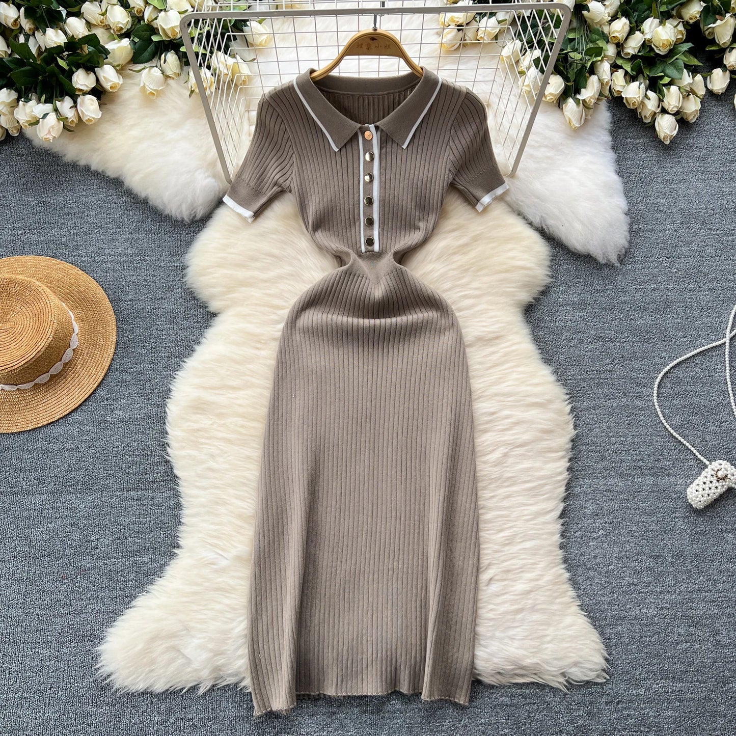 Colorblock Polo Knit Bodycon Wrap Dress