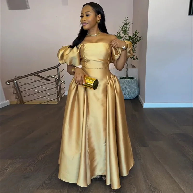 Gold Puff Sleeve Square Neck Pleated Maxi Dress