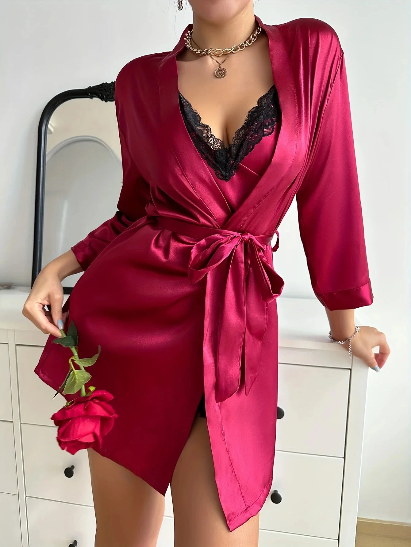 Silky Lace Trim Open-Back Cami Lounge Set