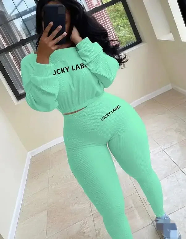 Lucky Label Embroidery Sweatshirt & Leggings Set