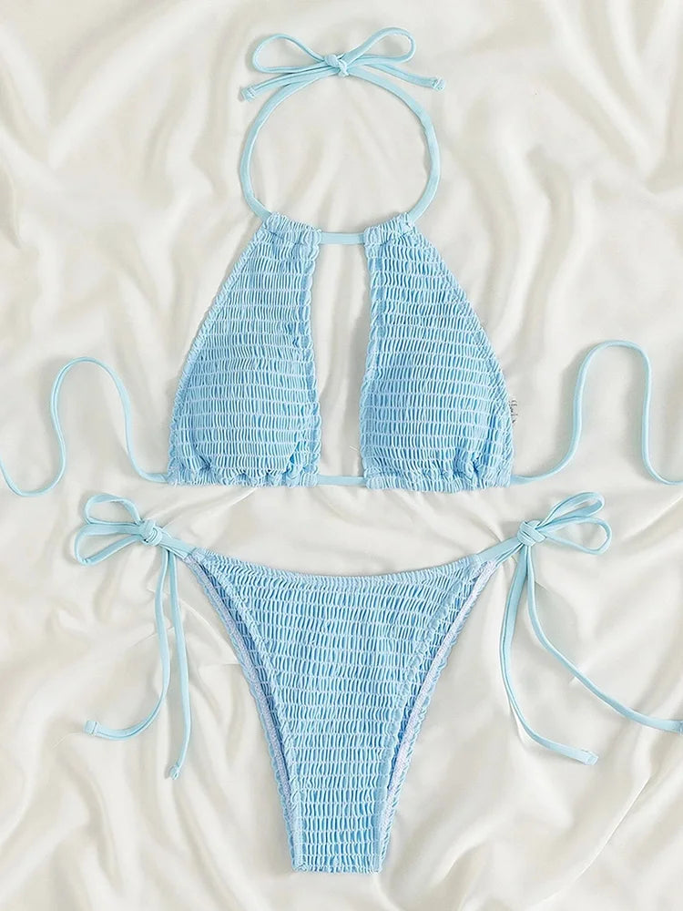 Halter Tie-Side Hollow Out Smocked Bikini
