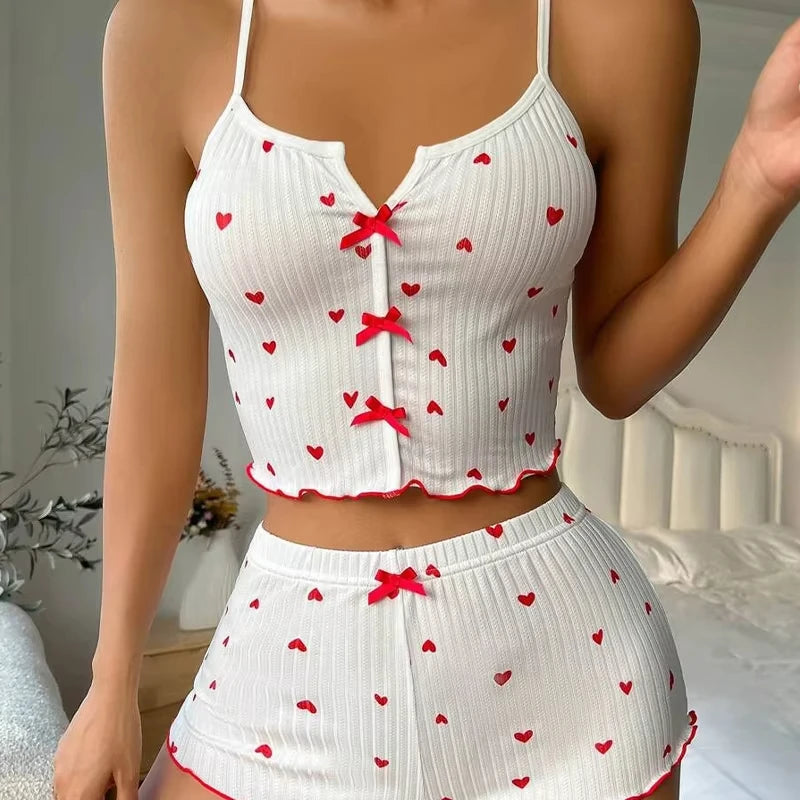 Heart Print Silk Satin Cami & Shorts Lounge Set