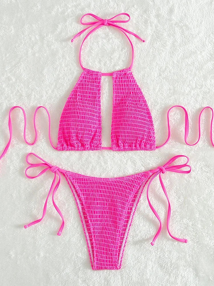 Halter Tie-Side Hollow Out Smocked Bikini