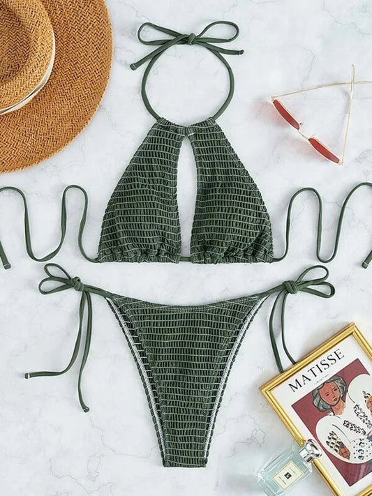 Halter Tie-Side Hollow Out Smocked Bikini