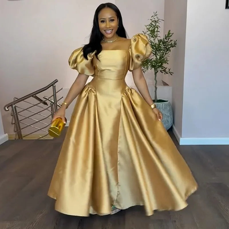 Gold Puff Sleeve Square Neck Pleated Maxi Dress