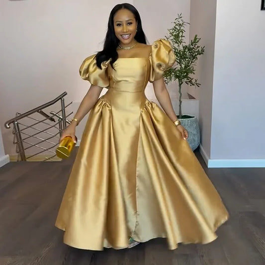 Gold Puff Sleeve Square Neck Pleated Maxi Dress