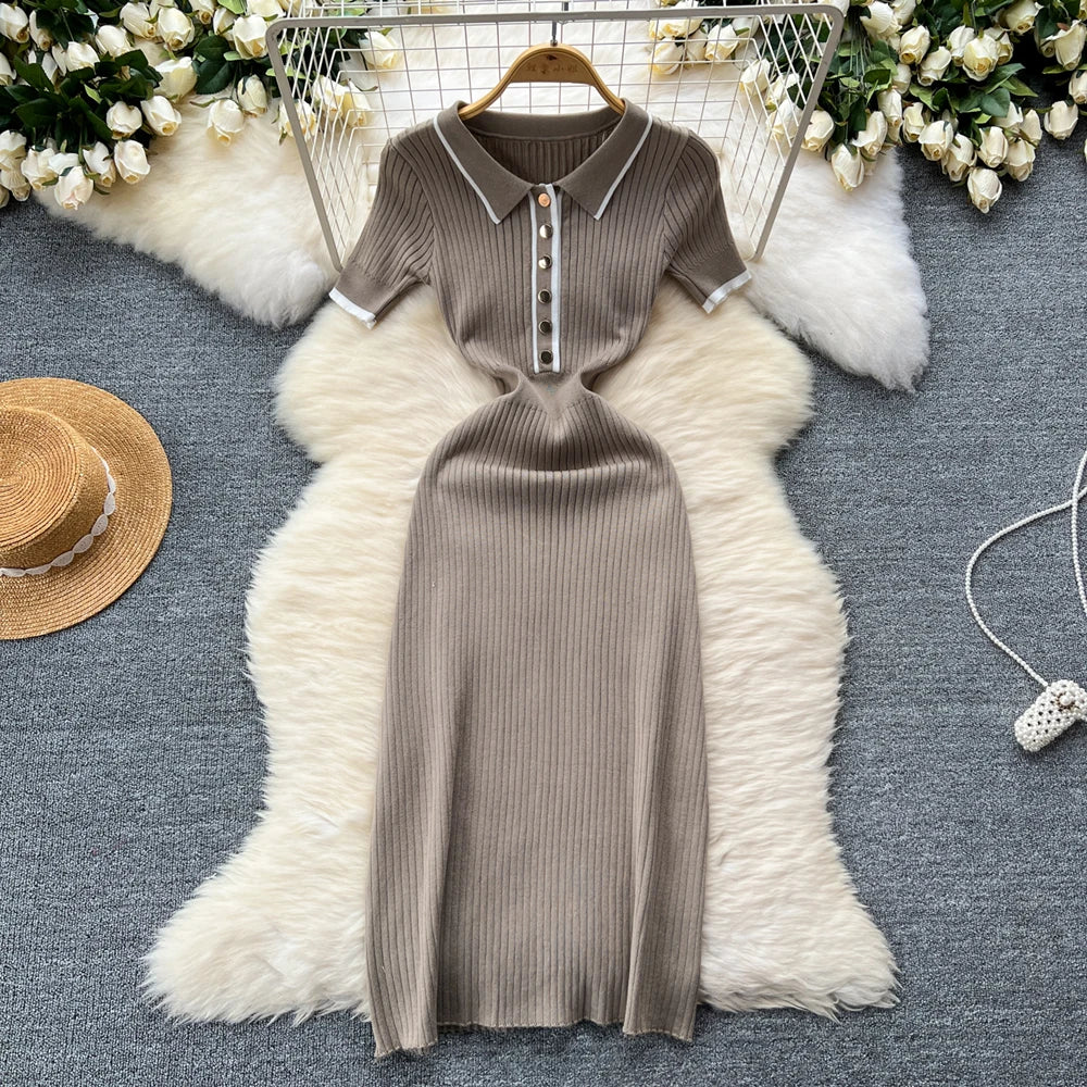 Colorblock Polo Knit Bodycon Wrap Dress