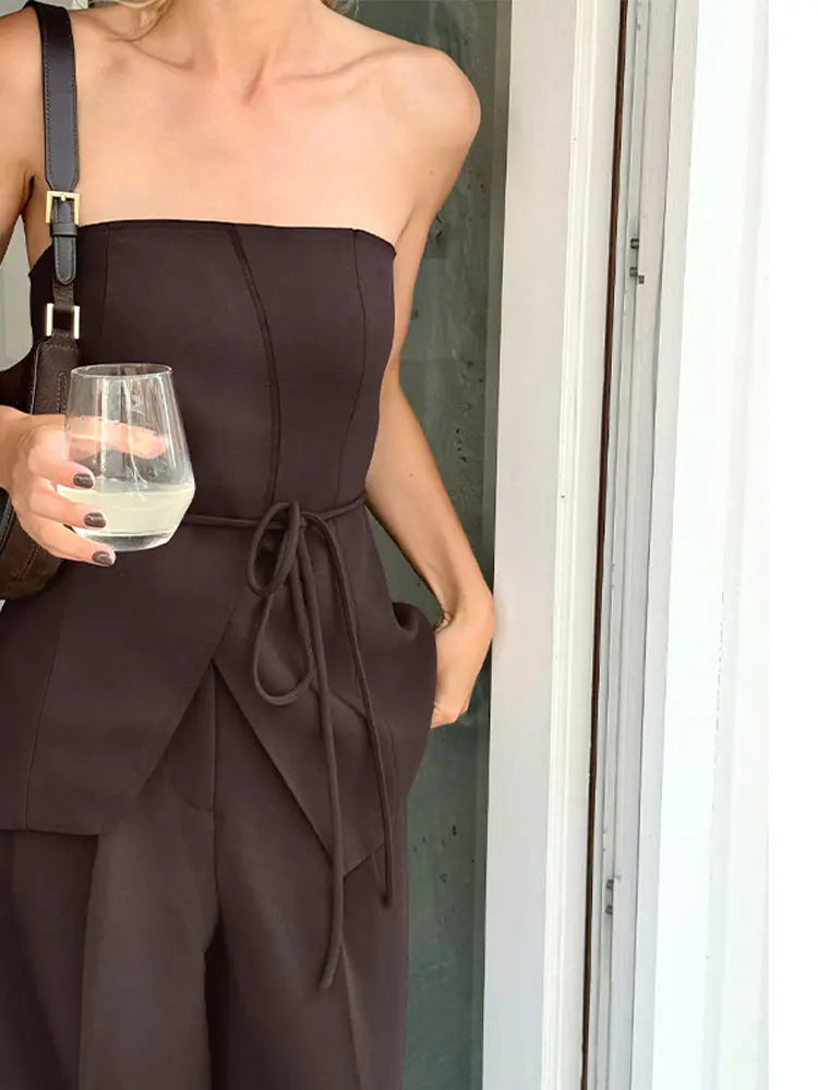 Women Pant Sets Sexy Backless Straps Sleeveless Lace Up Vest