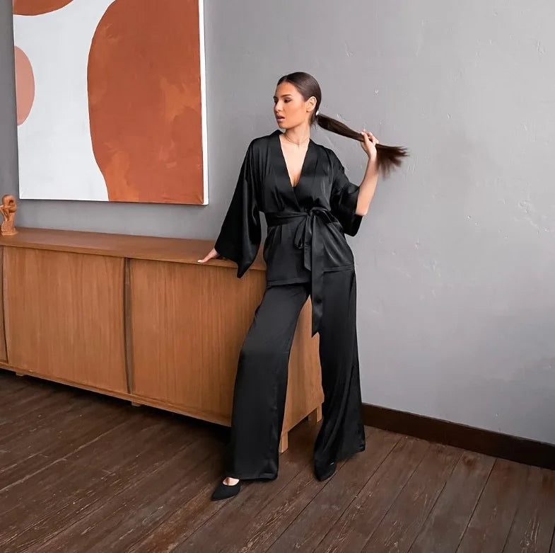 Satin Lace-Up Cardigan Pajama Set