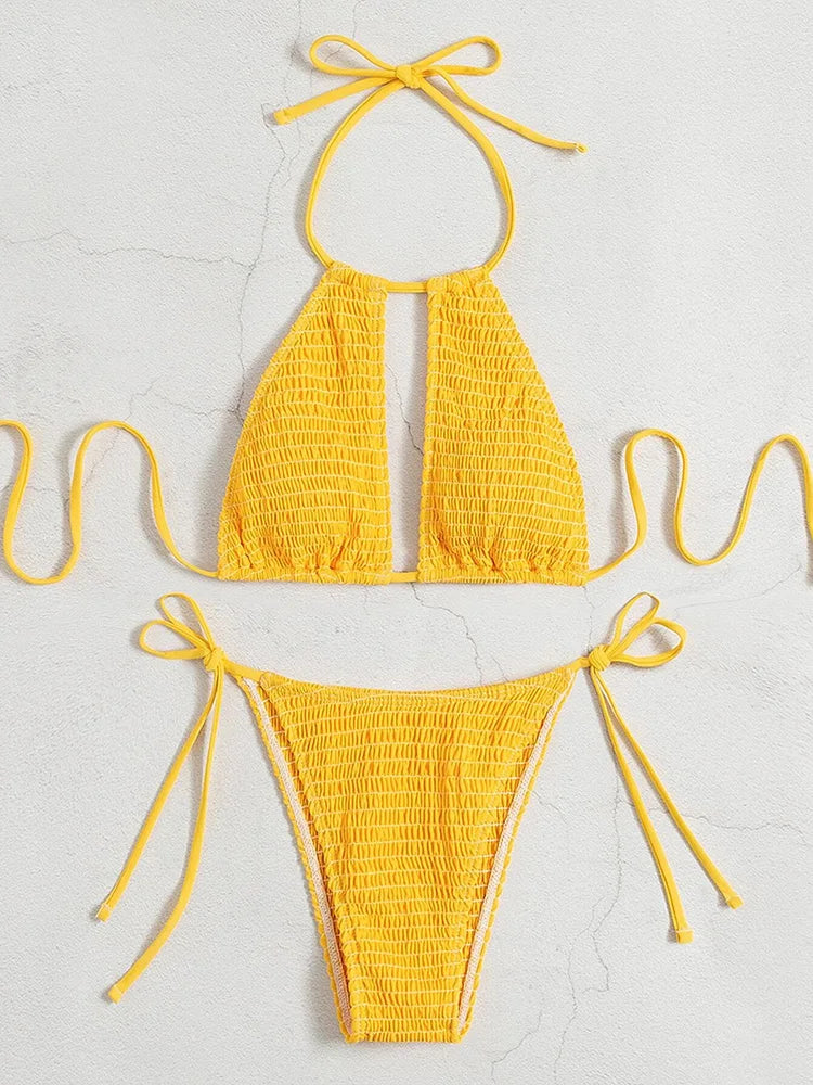 Halter Tie-Side Hollow Out Smocked Bikini