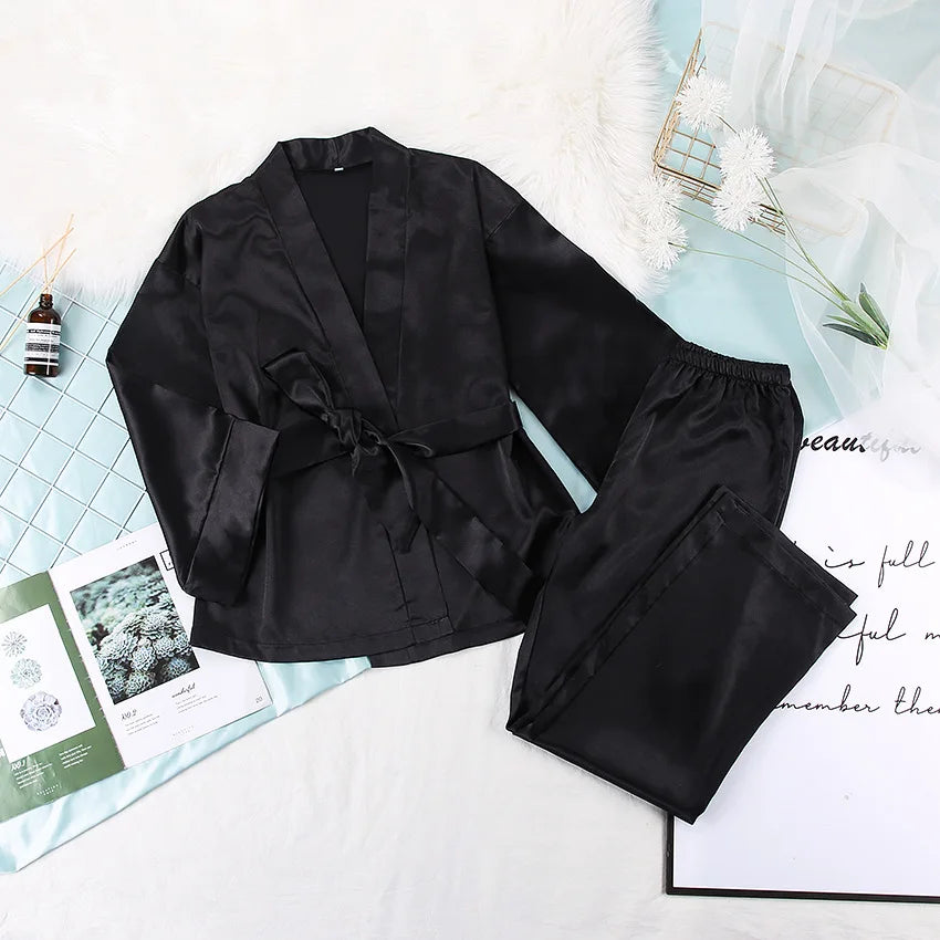 Satin Lace-Up Cardigan Pajama Set