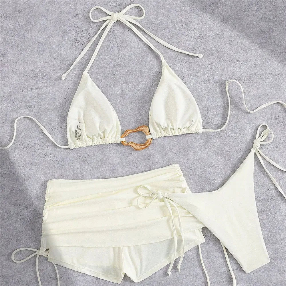 Metal Ring Halter 3-Piece Bikini Set