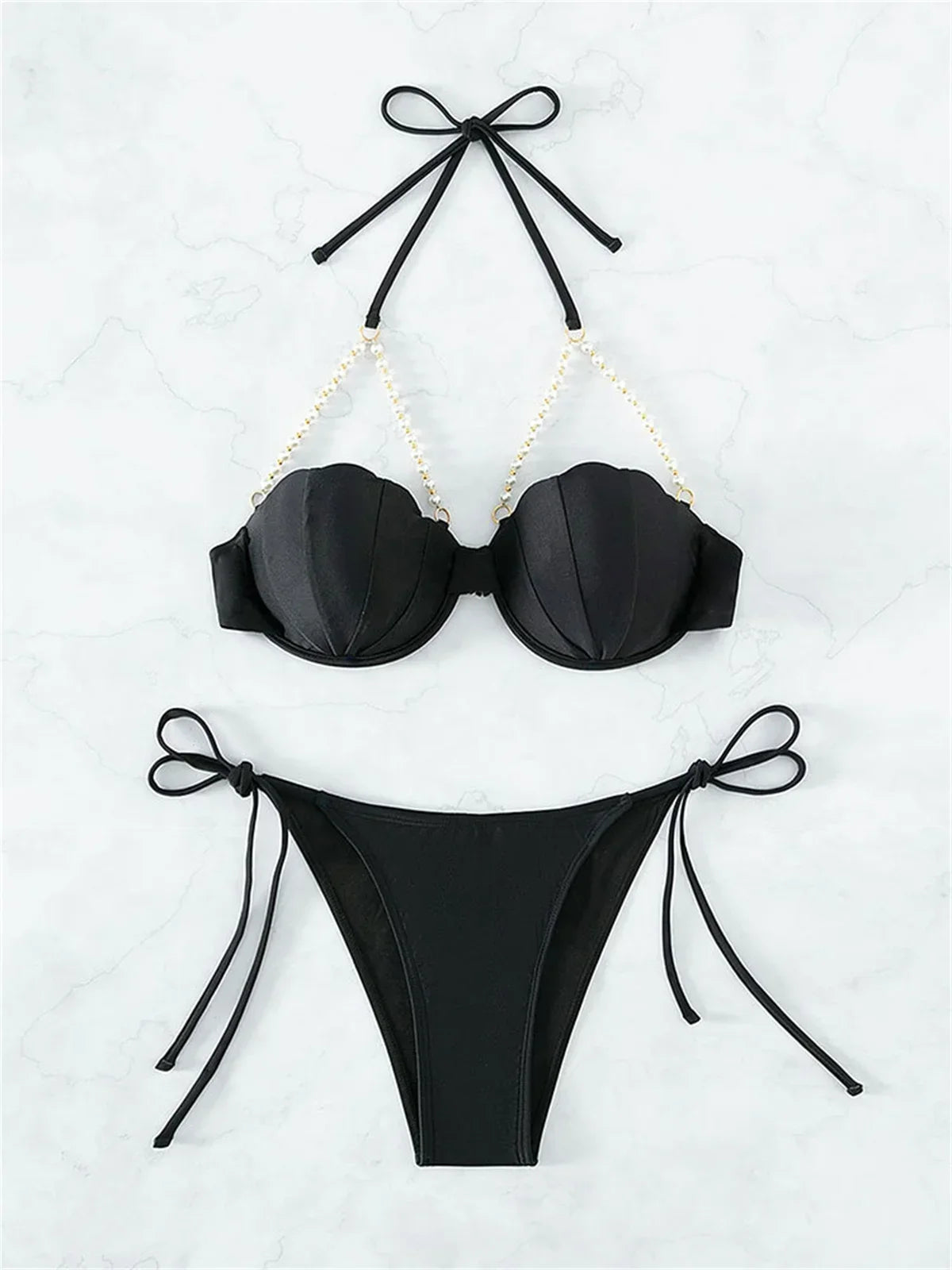 Shell Underwire Pearl Strap Thong Bikini
