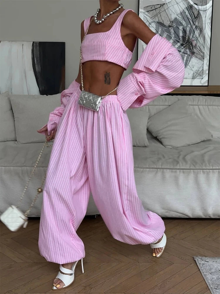 Low-Rise Lantern Pant Striped Vest 3-Piece Set
