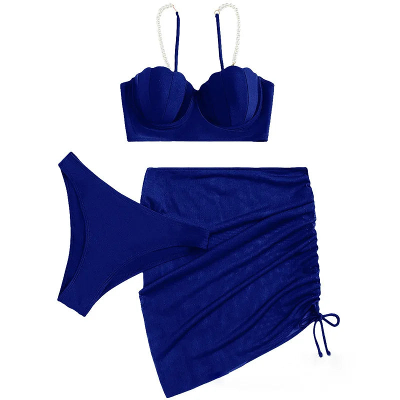 Solid Scallop-Trim 3-Piece Bikini Set