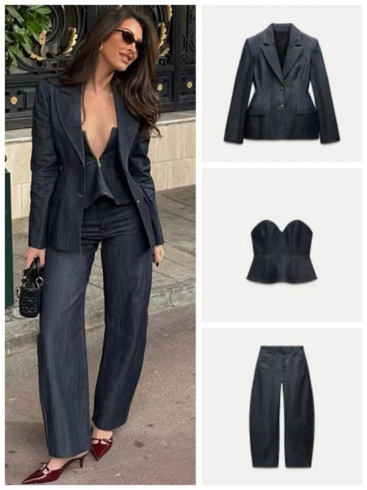 Retro Denim Vest Suit Jacket Pant 3 Piece Sets