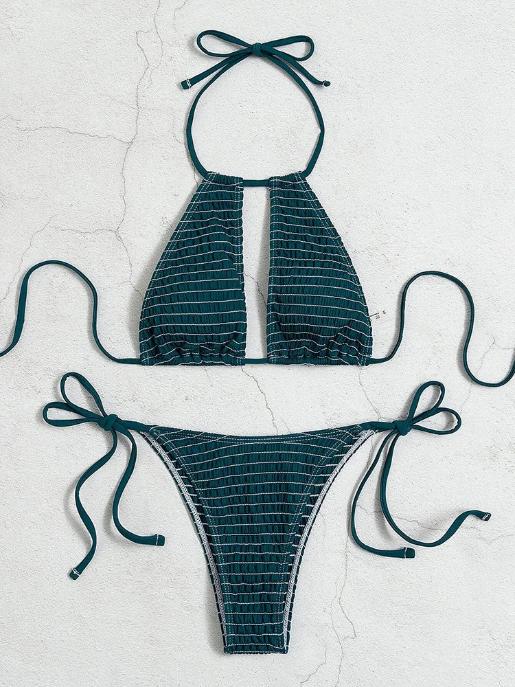 Halter Tie-Side Hollow Out Smocked Bikini