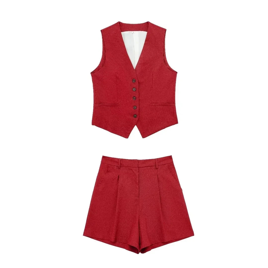 Women Fashion Red Vest Shorts Sets