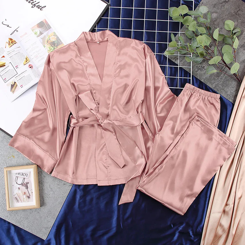Satin Lace-Up Cardigan Pajama Set