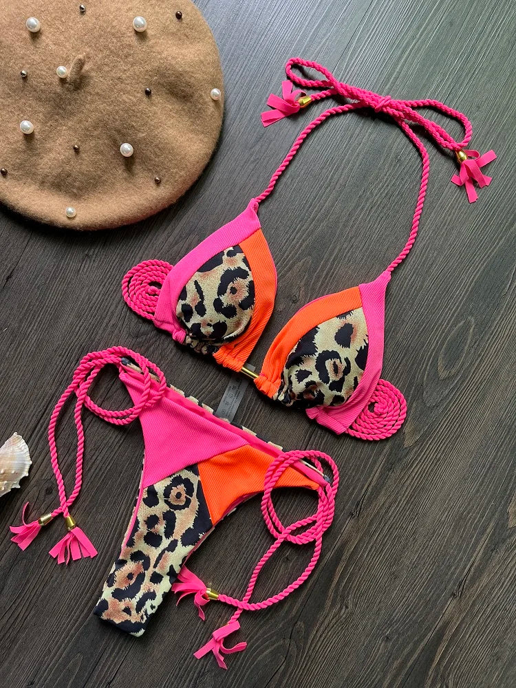 Special Fabric Splice Push-Up Brazilian Bikini