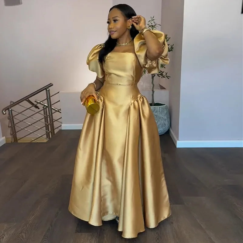 Gold Puff Sleeve Square Neck Pleated Maxi Dress