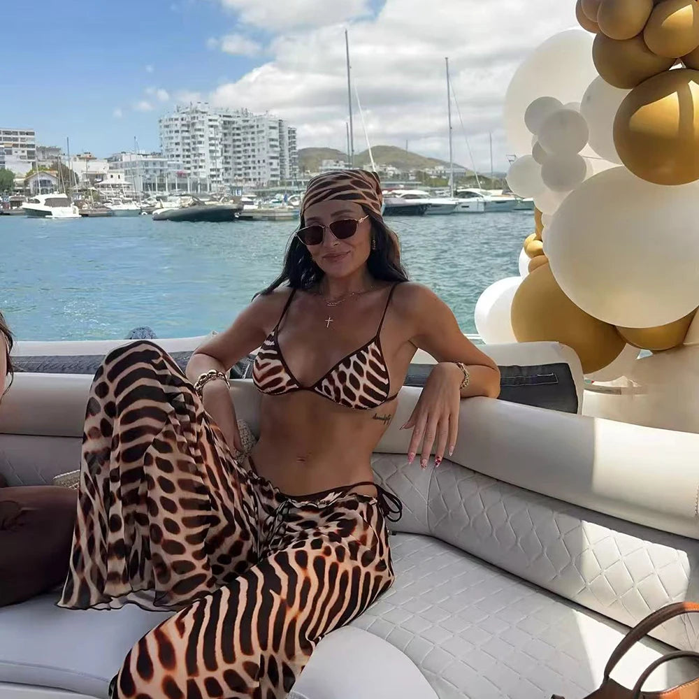 3-Piece Print Bikini Set with Kimono Cover-Up